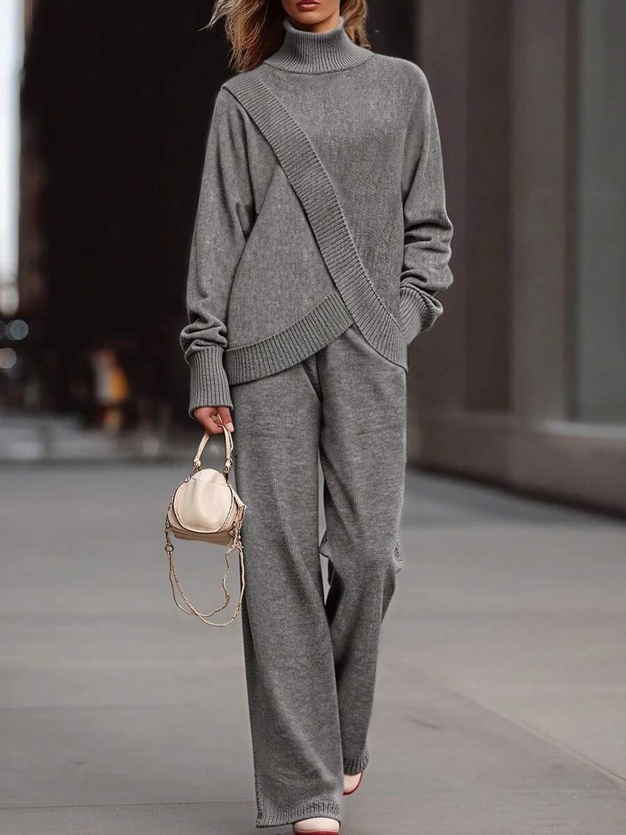 EMERY ROSE Women's Fashion Bat Wing Sleeve Crossover Design Loose Pocket Sweater & Wide Leg Pants Two Pieces Set - Grey - View 1