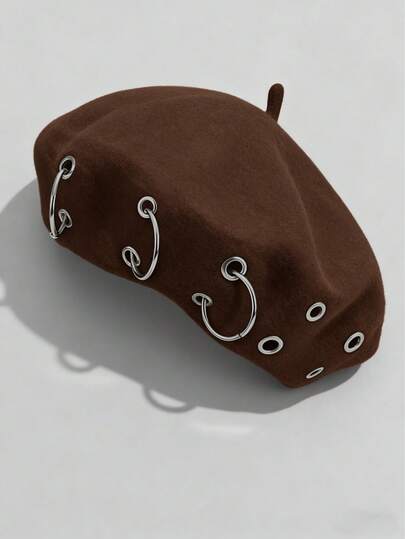 Grunge Punk 1pc Punk Style Circular Hollow Rivet Beret Hat, Y2K Round Pendant Newsboy Cap, Daily Personalized Fashion Item