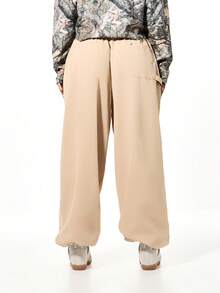 SUMWON WOMEN 女式低腰灯笼裤阔腿休闲裤，腰部抽绳，按扣设计 - 卡其色 - 查看 2