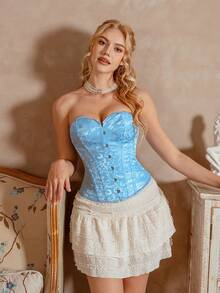 Myrelith 1pc Women Floral Jacquard Front Button Camisole Shapewear Top - Baby Blue - View 7