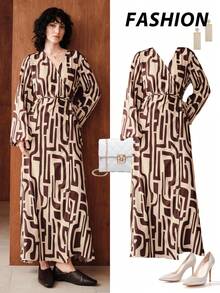 Zovinel 女式简约几何印花长袖连衣裙 - 棕色 - 查看 9