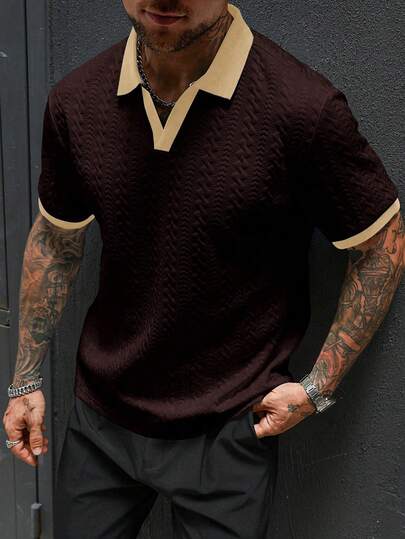 Manfinity Homme Polo de manga corta casual con bloques de color para hombres, camisa polo de verano para hombres en color burdeos, camisa polo de punto de manga corta para hombres, camisa burdeos para hombres para uso diario, viajes de fin de semana, actividades al aire libre, expediciones de viaje, entornos de trabajo relajados o ocasiones semi-formales, regalo para novio/esposo, regalo de aniversario