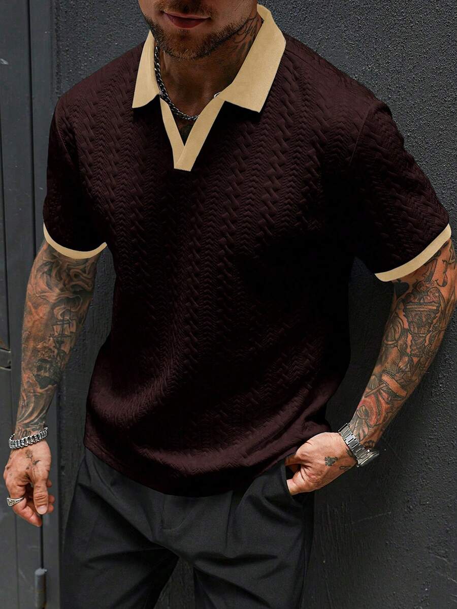 Manfinity Homme 男士休闲撞色短袖Polo衫，夏季男士Polo衫，酒红色针织衫，男士短袖Polo衫，男士针织Polo衫，酒红色男士衬衫，适合日常休闲、周末旅行、户外活动、探险旅行、轻松的工作环境或半正式场合，也是送给男友/丈夫的礼物，周年纪念礼物。 - 棕色 - 查看 1