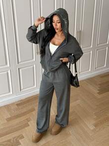 SHEIN EZwear 女式纯色落肩长袖拉链连帽衫和裤子两件套 - 黑色 - 查看 4