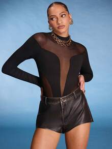 Normani Mock Neck Sheer Mesh Panel Long Sleeves Bodysuit - Black - View 4