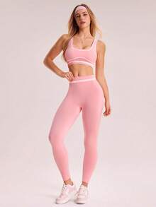 Sovereign Charm Bộ đồ thể thao liền mạch áo ba lỗ crop top và quần legging kẻ sọc cho nữ - Hồng - Xem 6