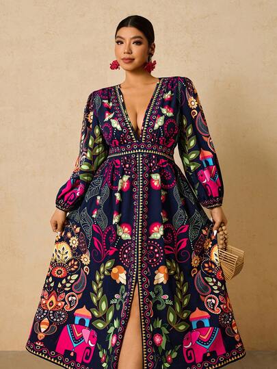 Travachic Plus Size Vintage Bohemian Print Long Sleeve Dress For Women, Autumn/Winter
