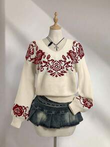 Elamini Áo len dệt kim Jacquard cổ chữ V đa năng, tay dài, phong cách cổ điển, mùa thu/đông - Nhiều màu - Xem 1