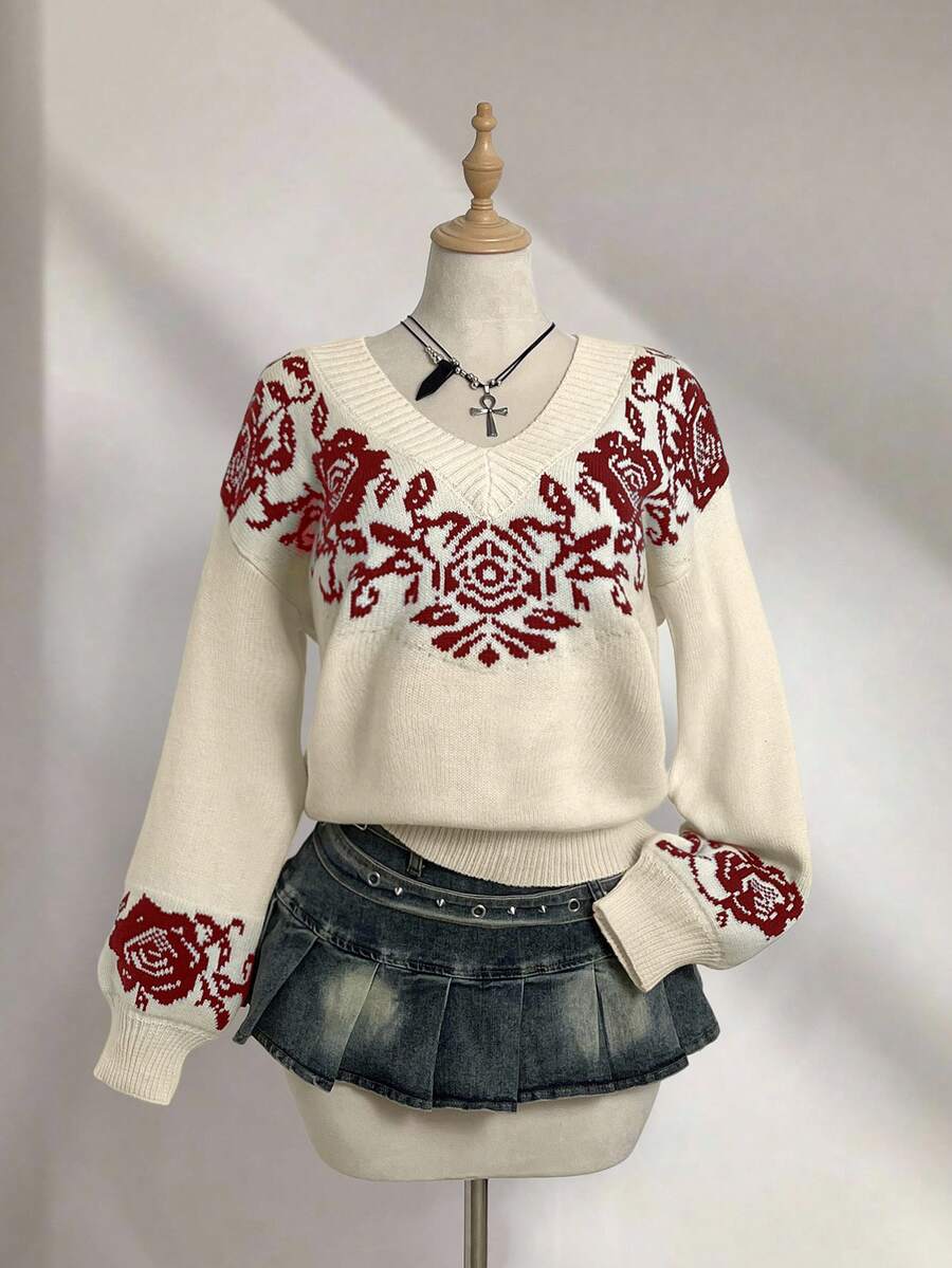 Elamini Áo len dệt kim Jacquard cổ chữ V đa năng, tay dài, phong cách cổ điển, mùa thu/đông - Nhiều màu - Xem 1