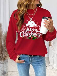 SHEIN LUNE Sudadera holgada de cuello redondo de manga larga con estampado de árbol de Navidad rojo minimalista casual y letras "Feliz Navidad" para mujer, talla grande, adecuada para otoño/invierno, reunión familiar, conjunto familiar para fiesta de Año Nuevo - Multicolor - Ver 3