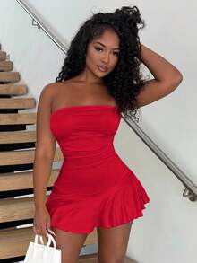 Alexandranx 褶皱下摆露肩连体裤新年服装 - 紅色 - 查看 2