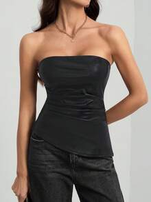 SHEIN Tall Women's Solid Color Pleated Asymmetric Hem Bustier PU Leather Top,Black Top