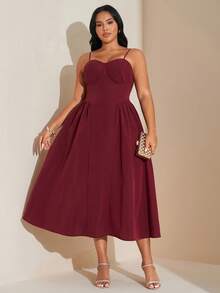SHEIN Tall CURVE Plus Size Elegant Women Burgundy Summer Wedding Dress,Long Flowy Spaghetti Strap Corset Midi Dress,Solid Color Nightclubs Party Fall Season Outfits - Red - View 5