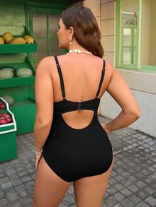 SHEIN Swim Curve Plus Size One-Piece Supportive Underwire Swimsuit, Black Ribbed Texture Fabric, Cutout Back, Starfish & Shell Tape Decor, Suitable For Beach Vacation In Summer - Black - View 2