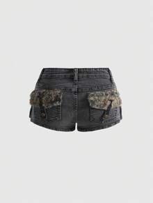 ROMWE J-Fashion Super Low Waist Distressed Studded Denim Shorts For Women, Vintage Streetwear Style