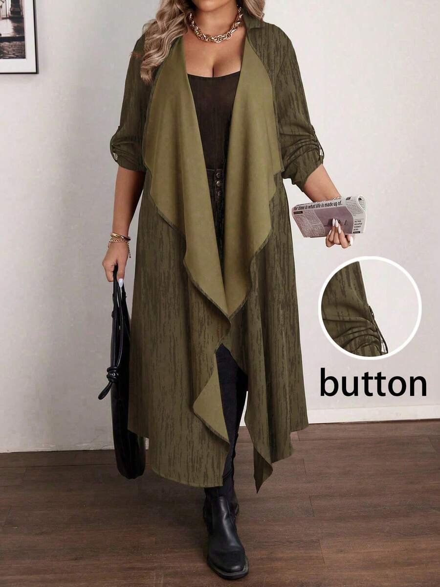 Vionelle 大码扎染印花大码翻领休闲长夹克，秋冬 - 橄欖綠 - 查看 1