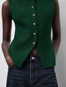 Maija 女士纯色前开襟无袖针织上衣，优雅百搭，适合都市通勤、商务、休闲、办公穿着，也适合冬季、圣诞节和新年穿着。 - 墨綠色 - 查看 5