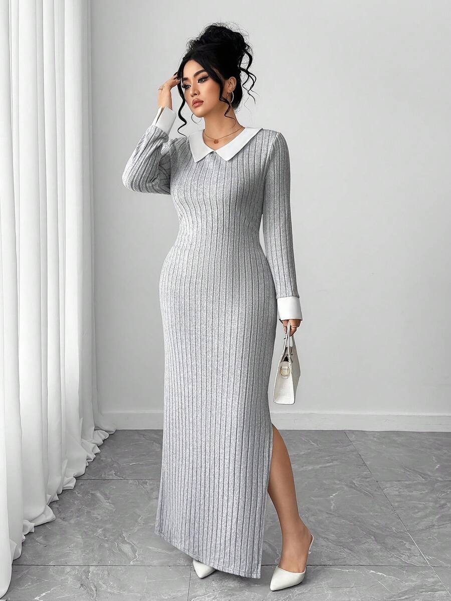 SHEIN Tall CURVE Vestido minimalista versátil de manga larga y cuello alto para mujer de talla grande, con un ajuste favorecedor apto para otoño/invierno, para uso diario - Multicolor - Ver 1
