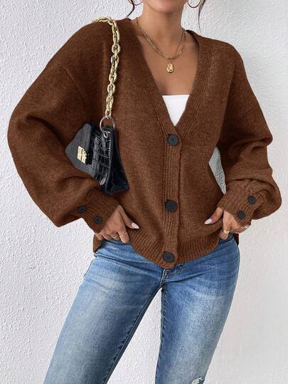 Siren Gaze 女士纯色落肩长袖宽松休闲开衫，秋冬款，毛衣，女士开衫，羊毛衫