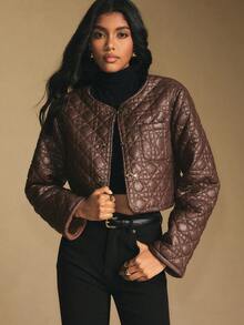 Poéselle Women's Solid Color Long Sleeve Metal Button Front Casual Short Winter Jacket - Brown - View 2