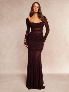 Silquee This Women's A-Line Flowing Dress With A Droopy Neckline, Gathered Details, And Partial Sheer Details Is An Elegant And Transparent Long Dress Suitable For Parties, Romantic Dates, Autumn/Winter Layering, Gatherings, Formal Events, Christmas Dresses, Sexy Nightclub Dresses, Burgundy Dresses, Sequined Dresses, Party Dresses, And New Year's Dresses. Long Sleeve Formal Dress Sexy Dinner Dress Cruise Dinner Dress Gowns Glamorous Dress - Burgundy - View 4