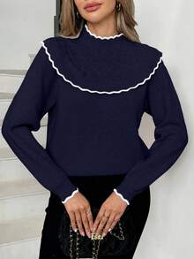 Elenzga Women's Crew Neck Ruffle Hem Solid Color Long Sleeve Sweater - Blue - View 5