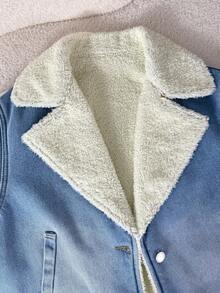 SHEIN 少女Y2K蓝色牛仔保暖长袖外套，抓绒保暖牛仔外套，加厚抓绒牛仔外套，西装领外套，派外套，秋季外套，冬季秋装 - 中等水洗藍 - 查看 3