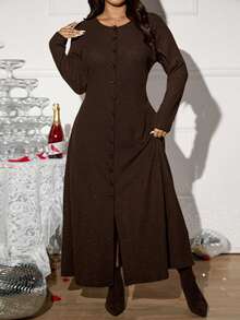 SHEIN LUNE Damen Große Größen Herbst und Winter Lässig Enges Basis Langes Kleid mit Knopfverschluss und Schlitzschlitz Langarm Langes Kleid - Braun - Übersicht 2