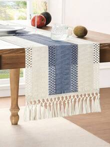 1 件波西米亚风格桌旗 Macrame 桌旗，适用于家居装饰，奶油色和棕色 Macrame 桌旗带流苏，适用于波西米亚风格餐厅卧室装饰、乡村新娘送礼会、农舍乡村风格桌旗、餐垫、感恩节圣诞节家居装饰（多种尺寸可选） - 八字天空藍 - 查看 3