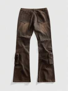 ROMWE MEN Grunge Punk Men's Washed Layered Flared Punk Leg Jeans With Distressed Details - Brown - View 2