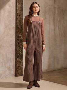 Wildy 女式休闲条纹连体裤，带口袋，宽松版型，适合日常穿着，四季皆宜 - 棕色 - 查看 3