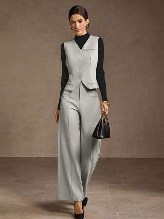 MOTF PREMIUM CHALECO DE CORTE SENCILLO Y PANTALÓN DE PIERNA ANCHA