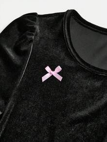 SHEIN 少女宽松休闲简约舒适圆领泡泡袖丝绒长裙，复古优雅假日撞色蝴蝶结装饰荷叶边下摆连衣裙 - 黑色 - 查看 3