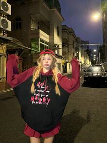 DAZY Sudadera con capucha de manga raglán para mujer, estilo coreano - Rojo - Ver 4