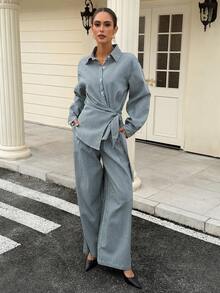 DAZY Bộ đồ denim giản dị 2 món cho nữ, áo sơ mi dài tay buộc dây bên hông và quần ống rộng, thích hợp cho đi nghỉ dưỡng và giải trí đô thị - Rửa nhẹ - Xem 4