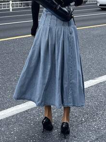 DAZY 女士优雅百褶牛仔裙 - 淺色水洗藍 - 查看 3