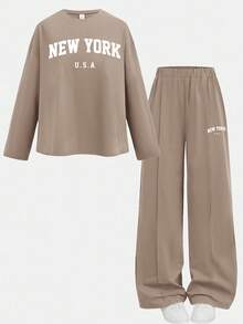 SHEIN Girlism 2件套少女休闲宽松针织圆领插肩袖褶皱印花T恤和短裤套装，适合日常穿着、返校、假期、家庭户外春季野餐及各种场合。 - 卡其色 - 查看 8