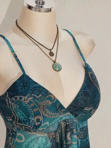 SHEIN ICON Áo kiểu cỡ lớn gợi cảm, phong cách retro Bohemian, kiểu Y2K Millennium, họa tiết Paisley xanh lá cây, xếp nếp, chất liệu lưới xuyên thấu, áo kiểu Hippie, áo kiểu miền Tây, áo kiểu Bohemian. - Màu xanh lam - Xem 8