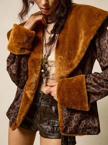 SoleilVie Cappotto invernale elegante da donna con stampa leopardata e collo a bavero, versatile. Cappotto invernale casual da donna in stile retrò con stampa leopardata, collo e polsini in pelliccia. Cappotto retrò con bordi in pelliccia, adatto sia per uscite casual che per l'abbigliamento elegante da ufficio. Questo comodo cappotto in pelliccia con stampa leopardata a patchwork è perfetto sia per le occasioni casual che per quelle formali. Invernale da donna, per il Ringraziamento da donna, bluse eleganti da donna, top con stampa ghepardo, top marrone, cappotto da con stampa leopardata - Castano - Visualizzare 3