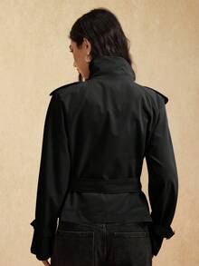 Easelle 复古游牧风高领腰部纽扣女士黑色风衣 女士风衣腰带风衣 女士外套 秋冬女士夹克 - 黑色 - 查看 2