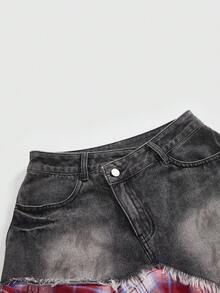 ROMWE Grunge Punk Chân váy denim mini nữ dáng ôm kẻ caro, bo gấu bất đối xứng, họa tiết Punk lãng mạn - Màu Đỏ Sâu - Xem 3
