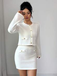 Selianne Elegant Solid Color Cardigan & Knit Skirt Suit, Suitable For Commuting - White - View 4