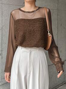 FRIFUL 女式纯色简约透视拼接长袖上衣，日常穿着 - 棕色 - 查看 6