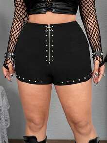 Whyspr Pantalones cortos de talla grande con decoración de remaches de estilo punk a la moda - Negro - Ver 3