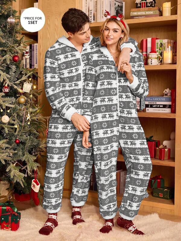 CoupledUp Pijama de una pieza con capucha y manga larga con estampado navideño de pareja, grueso para otoño/invierno