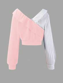 SHEIN Sparklyn 2pcs/Set Teen Girls Fashion Elegant Commuter Outfit, Solid Color Striped Blouse + Loose Wide Leg Pants Set - Pink - View 4