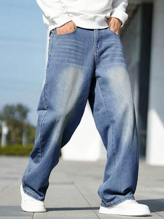 Manfinity Hypemode Herren Loose Fit Lässig Blaue Jeans mit Taschen, Mode & Vielseitig