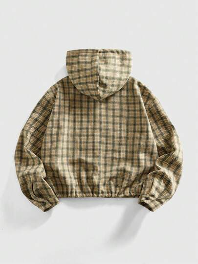 ROMWE MEN Casual Geruite herenjas met capuchon en lange mouwen, college-stijl