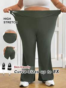 SHEIN CURVE+ Quần ống loe lưng cao co giãn cỡ lớn cho nữ, Quần mặc nhà mùa thu xuân hè mát mẻ cho nữ, Quần ống loe - xanh quân đội - Xem 1