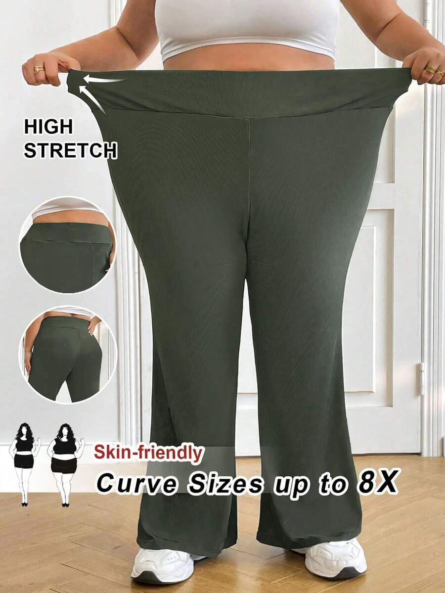 SHEIN CURVE+ Quần ống loe lưng cao co giãn cỡ lớn cho nữ, Quần mặc nhà mùa thu xuân hè mát mẻ cho nữ, Quần ống loe - xanh quân đội - Xem 1